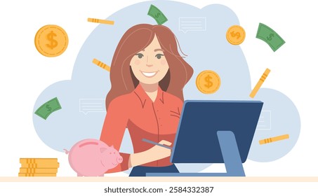 Illustration of a happy female freelancer working on a computer