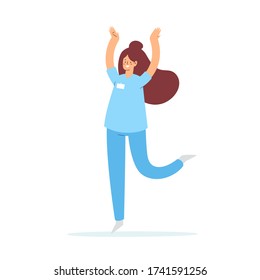 Illustration of happy female medicine worker jumping with raised hands in various pose. Joyful positive hospital medical specialist rejoicing: woman doctor, surgeon, physician, paramedic or nurse