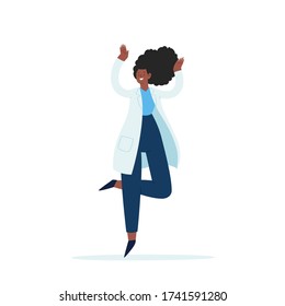 Illustration of happy female medicine worker jumping with raised hands in various pose. Joyful positive hospital medical specialist rejoicing: woman doctor, surgeon, physician, paramedic or nurse
