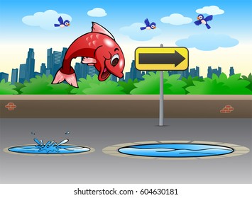 illustration of a happy fish jump to other pool on outdoor background