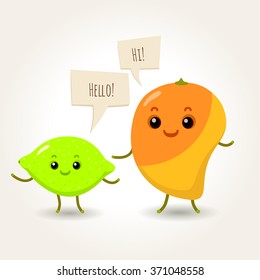 illustration of happy flat fruits with balloons. vector kid illustration. lime and mango