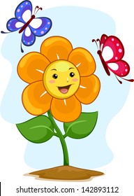 Illustration of Happy Flower Mascot with Butterflies