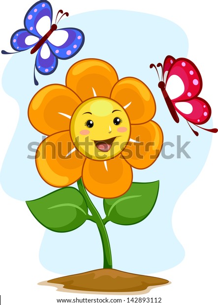 Illustration Happy Flower Mascot Butterflies Stock Vector (Royalty Free