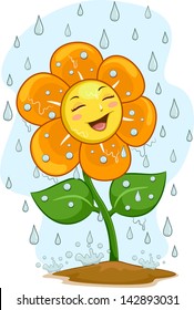 Illustration of a Happy Flower Mascot Under the Rain