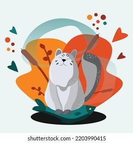 Illustration of a happy fluffy cat sitting on a fresh fish while waiting for dinner. Happy cat dreams
