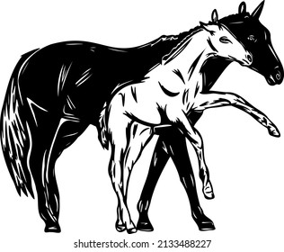 illustration of a happy foal showing up with his mother