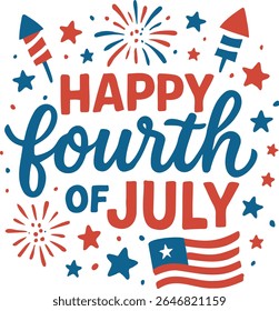 Illustration with happy fourth of July text, rockets, stars, and American flag design element on transparent background