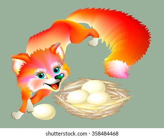 Illustration of happy fox with eggs, vector cartoon image.