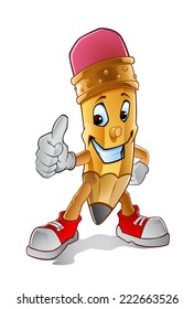 Illustration of a happy fun pencil cartoon character drawing, smiling and showing thumb up. Wood pencil or traditional pencil cartoon character isolated on white background.