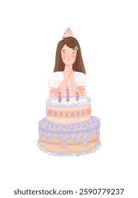 Illustration of happy girl applauding in front of cake celebrating birthday against white background