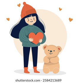 Illustration of a happy girl in a beanie and sweater holding a red heart, standing beside a teddy bear, surrounded by floating hearts.