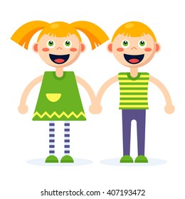 Illustration of happy girl and boy holding each other with the hans. Positive and bright poster for children. Fully and easy editable vector illustration. 