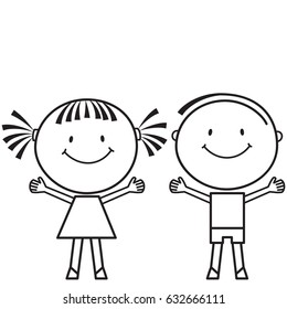 Illustration of happy girl and boy standing side by side and keeping their hands up