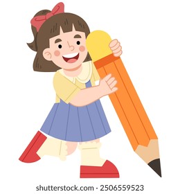 Illustration of a happy girl carrying a large pencil