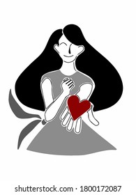 
Illustration - a happy girl with a heart in her hand. For articles, websites and typography. Flat style. Minimalism. Neural colors, pleasing to the eye.