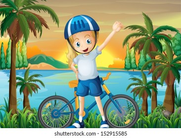 Illustration of a happy girl and her bike at the riverbank