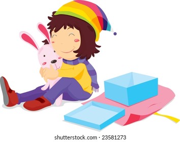 Illustration of a happy girl with her present