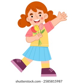 Illustration of happy girl holding flowers