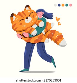 Illustration of happy girl holding and hugging very big ginger cat. Concept of love and care. Cat day. Full length female character with a pet. Flat hand drawn cartoon vector illustration