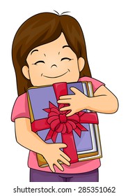Illustration of a Happy Girl Hugging Her Present
