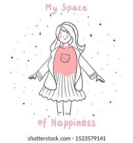 Illustration of a happy girl in a jumper. Vector isolated illustration. Line art. My space of happiness text .