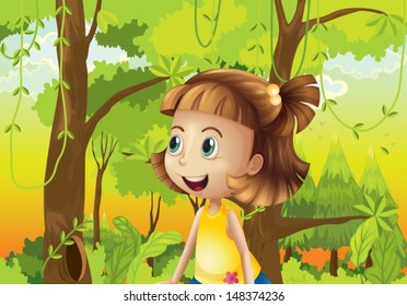 Illustration of a happy girl near the trees