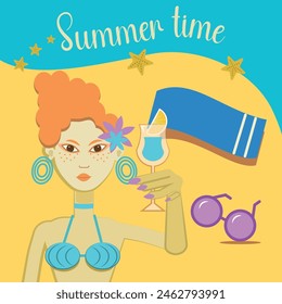 Illustration of happy girl on the beach, with sea in the background and vacation colors