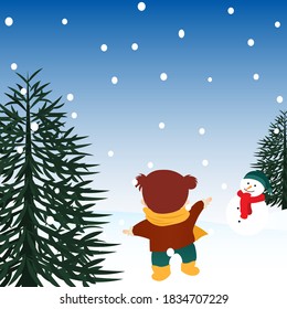 Illustration Of A Happy Girl Playing Snow From Behind. Suitable Winter Background And Christmas Background