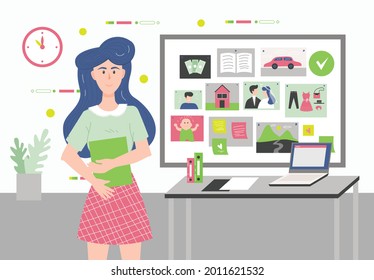 Illustration of a happy girl who made her board of visualization and wishes. Vector illustration