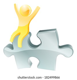 An illustration of a happy gold person sitting on a jigsaw piece