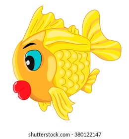 An illustration of a happy goldfish cartoon character on a white background.