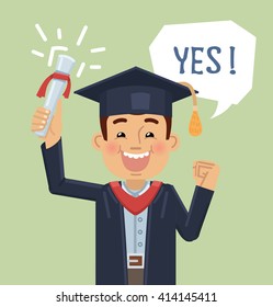 Illustration of a happy graduate holding a diploma. Cheerful graduate celebrating his graduation. Graduation ceremony. Flat style vector illustration