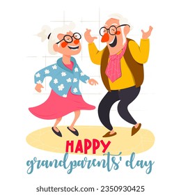 Illustration of happy grandparents day card in cartoune style. Banner featuring happy retirees dancing for congratulations 