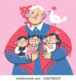 Illustration of happy granny holding children. Women's day greeting card