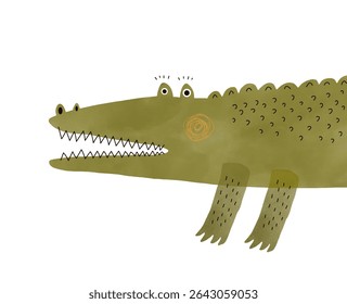 Illustration Of Happy Green Alligator. Cute Funny Hand Drawn Crocodile on a White Background. Nursery Vector Art With Childish Drawing-like Portrait Of Happy Croc With Big Teeth. 