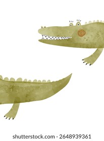 Ilustração Do Feliz Jacaré Verde. Crocodilo de desenho de mão engraçada bonito em um fundo branco. Arte Vetorial De Berçário Com Desenho Infantil-Como Retrato De Croc Feliz Com Dentes Grandes. RGB