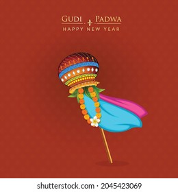 illustration of Happy Gudi Padwa ( Lunar New Year ) festival of India greeting red watercolor mandala background with garland and golden kalash (pot) banner,  poster, creative