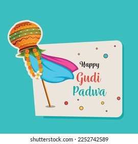 illustration of Happy Gudi Padwa ( Lunar New Year ) festival of India greeting red watercolor mandala background with garland and golden kalash (pot) banner,  poster, creative