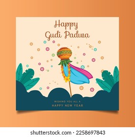 illustration of Happy Gudi Padwa ( Lunar New Year ) festival of India greeting red watercolor mandala background with garland and golden kalash (pot) banner,  poster, creative