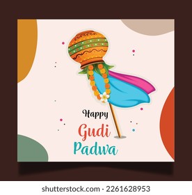 illustration of Happy Gudi Padwa ( Lunar New Year ) festival of India greeting red watercolor mandala background with garland and golden kalash (pot) banner,  poster, creative