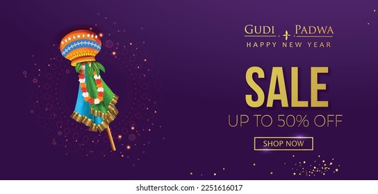 illustration of Happy Gudi Padwa (Happy New Year) Sale, festival of India greeting with garland and kalash (pot), banner,  poster