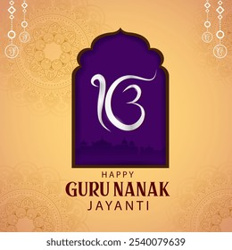 Ilustración de Gurpurab feliz, festival de Gurú Nanak Jayanti de fondo de celebración sij con signo religioso sijismo