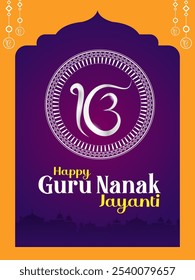 Ilustración de Gurpurab feliz, festival de Gurú Nanak Jayanti de fondo de celebración sij con signo religioso sijismo