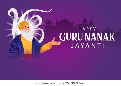 Ilustración de Gurpurab feliz, festival de Gurú Nanak Jayanti de fondo de celebración sij con signo religioso sijismo