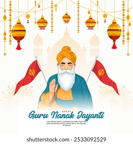 Illustration von glücklichem Guru Nanak Jayanti für Grußkarte, Social Media Post mit flachem Design Konzept