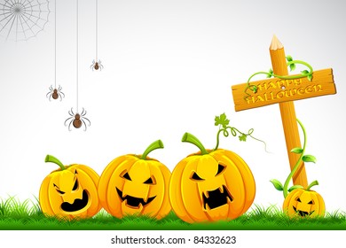 illustration of happy halloween card with pumpkin on grass