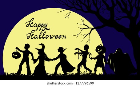Illustration of happy Halloween with children in costumes of holiday characters
