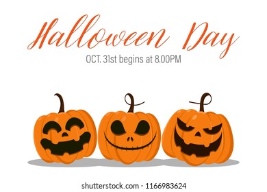 Illustration Happy Halloween Day. Holiday concept with horror characters cute pumpkin smile spooky scary isolated on white background with copy space , vector eps10