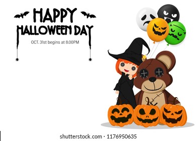 Illustration Happy Halloween Day. Holiday concept with horror characters , cute little girl wearing a witch costume and pumpkin smile spooky scary isolated on white background with copy space , vector
