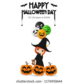 Illustration Happy Halloween Day. Holiday concept with horror characters , cute little girl wearing a witch costume and pumpkin smile spooky scary isolated on white background with copy space , vector